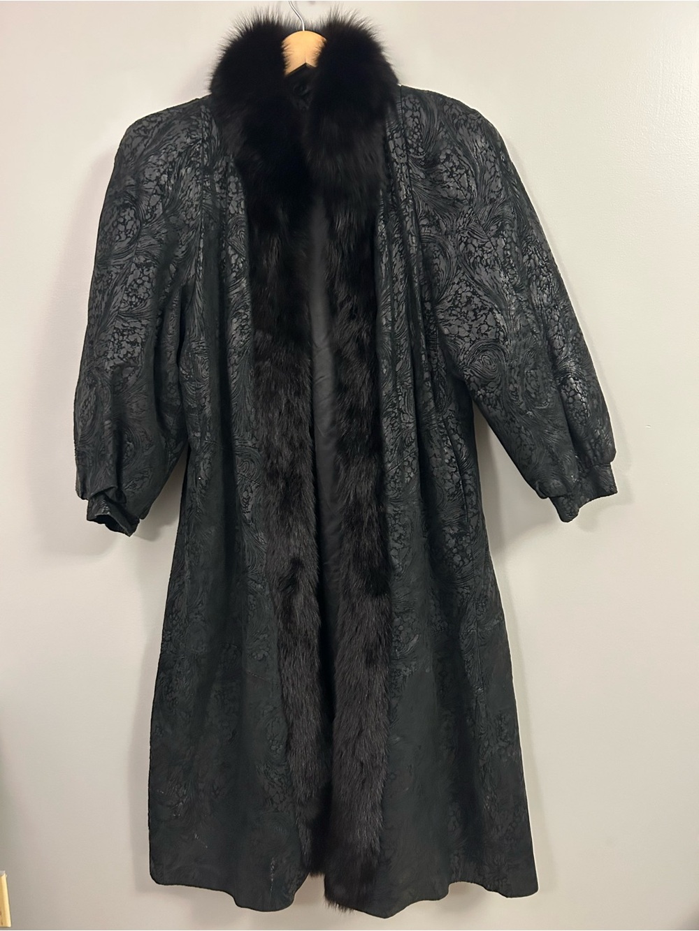 Rallee Brocade Coat with Black Fox Fur Trim Genuine Leather Luxury Jacket Small